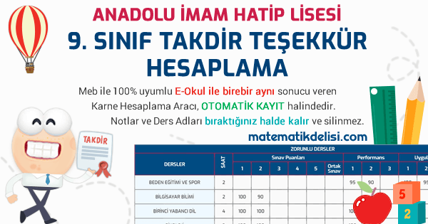 Anadolu İmam Hatip 9. Sınıf Takdir Teşekkür Hesaplama Aracı 100% Meb E-Okul Uyumlu