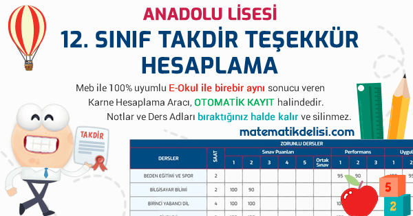 Anadolu Lisesi 12. Sınıf Takdir Teşekkür Hesaplama Aracı 100% Meb E-Okul Uyumlu