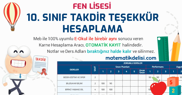 Fen Lisesi 10. Sınıf Takdir Teşekkür Hesaplama Aracı 100% Meb E-Okul Uyumlu