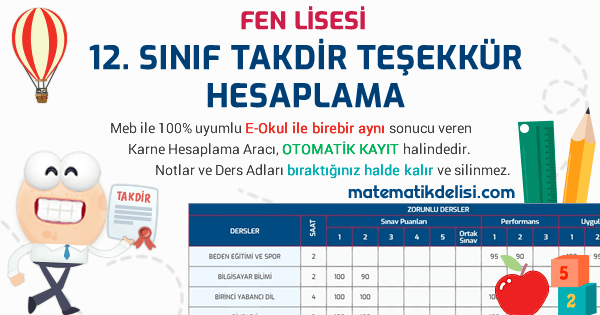 Fen Lisesi 12. Sınıf Takdir Teşekkür Hesaplama Aracı 100% Meb E-Okul Uyumlu