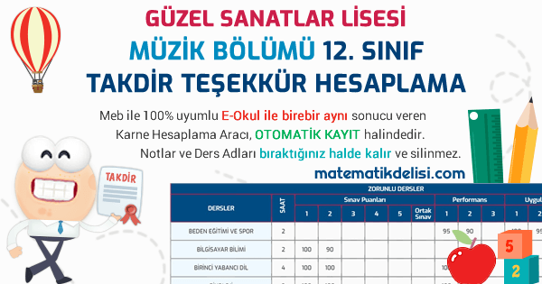 Güzel Sanatlar Lisesi Müzik Bölümü 12. Sınıf Takdir Teşekkür Hesaplama Aracı 100% Meb E-Okul Uyumlu