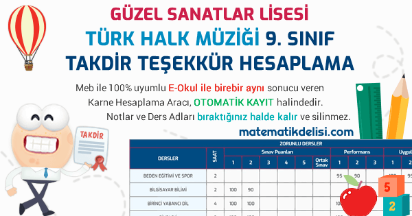 Güzel Sanatlar Lisesi Türk Halk Müziği Bölümü 9. Sınıf Takdir Teşekkür Hesaplama Aracı 100% Meb E-Okul Uyumlu