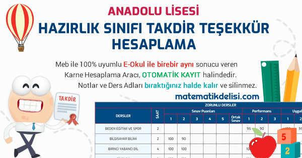 Anadolu Lisesi Hazırlık Sınıfı Takdir Teşekkür Hesaplama Aracı 100% Meb E-Okul Uyumlu