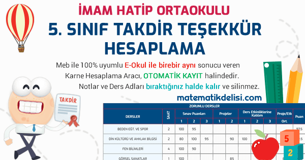 İmam Hatip 5. Sınıf Takdir Teşekkür Hesaplama Aracı 100% Meb E-Okul Uyumlu