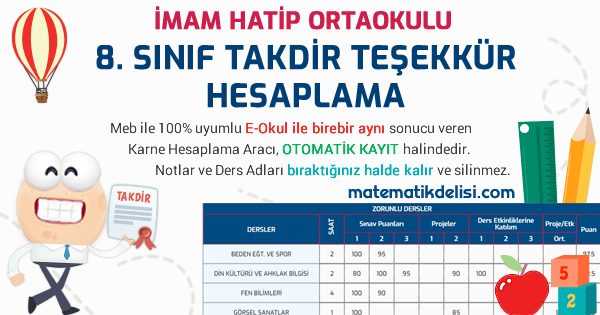 İmam Hatip 8. Sınıf Takdir Teşekkür Hesaplama Aracı 100% Meb E-Okul Uyumlu