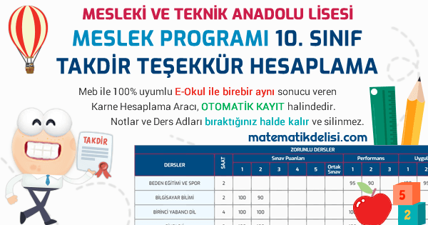 Mesleki ve Teknik Anadolu Lisesi Meslek Programı 10. Sınıf Takdir Teşekkür Hesaplama Aracı 100% Meb E-Okul Uyumlu