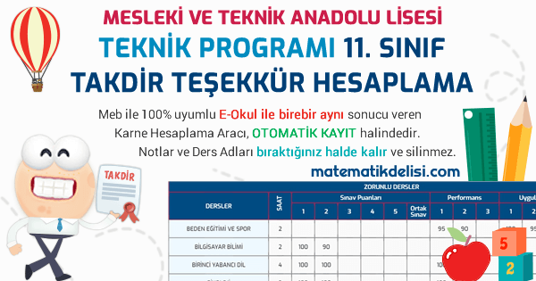 Mesleki ve Teknik Anadolu Lisesi Teknik Programı 11. Sınıf Takdir Teşekkür Hesaplama Aracı 100% Meb E-Okul Uyumlu