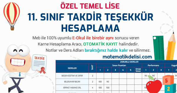 Özel Temel Lise 11. Sınıf Takdir Teşekkür Hesaplama Aracı 100% Meb E-Okul Uyumlu