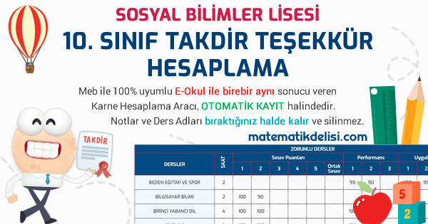 Sosyal Bilimler Lisesi 10. Sınıf Takdir Teşekkür Hesaplama Aracı 100% Meb E-Okul Uyumlu