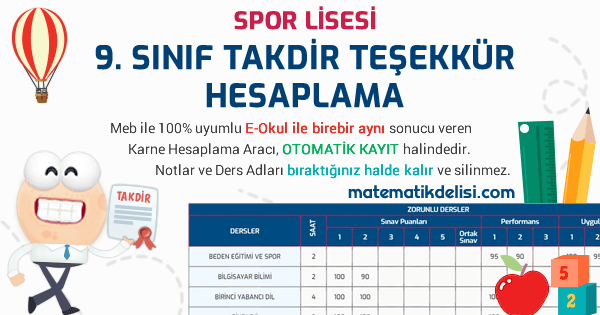 Spor Lisesi 9. Sınıf Takdir Teşekkür Hesaplama Aracı 100% Meb E-Okul Uyumlu