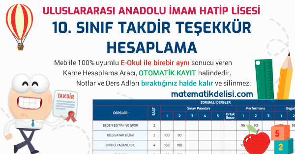 Uluslararası Anadolu İmam Hatip 10. Sınıf Takdir Teşekkür Hesaplama Aracı 100% Meb E-Okul Uyumlu