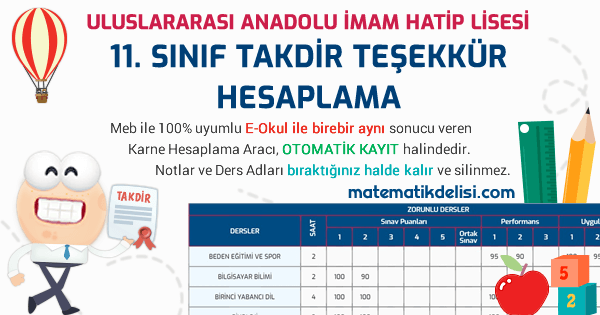 Uluslararası Anadolu İmam Hatip 11. Sınıf Takdir Teşekkür Hesaplama Aracı 100% Meb E-Okul Uyumlu